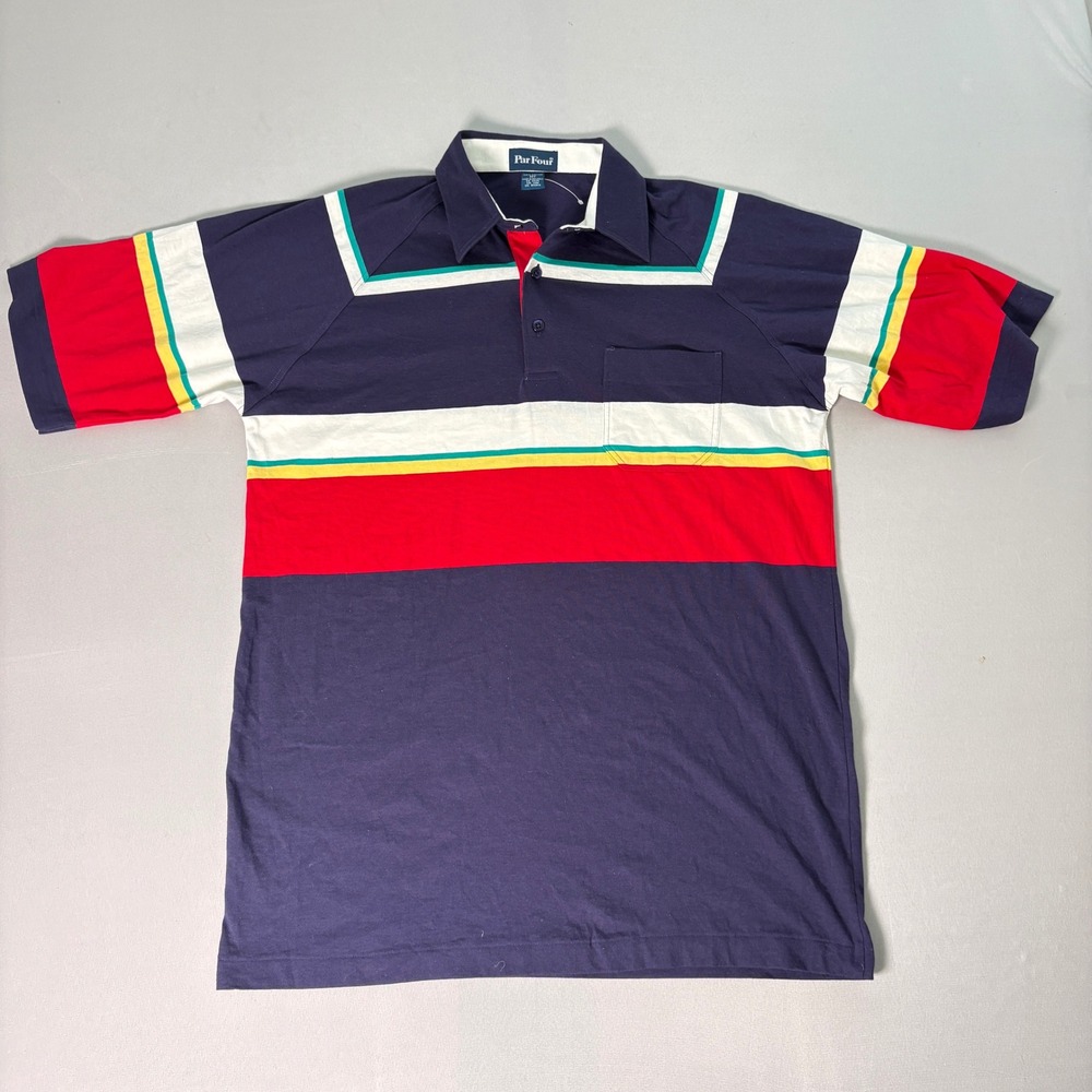 Par Four Mens Vintage Striped Polo Shirt Navy Blue Cotton Tall MT Short Sleeve